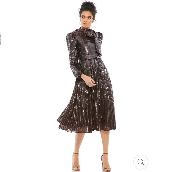 NWT Mac Duggal Sequin Long Sleeve Tea Length Dress in Dark Chocolate 93642 14 - Picture 1 of 7